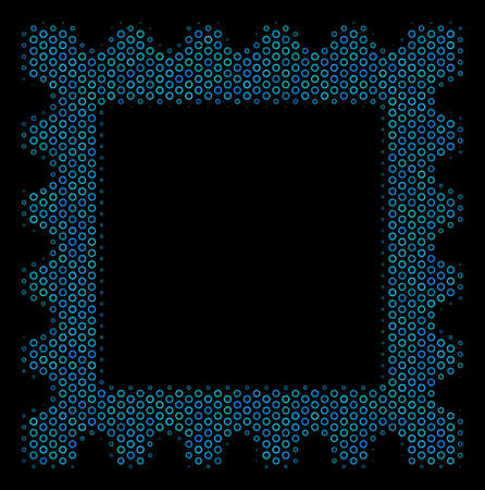 Halftone Postage stamp collage icon of spheric bubbles in blue color tones on a black background. Vector spheric points are composed into postage stamp collage.のイラスト素材