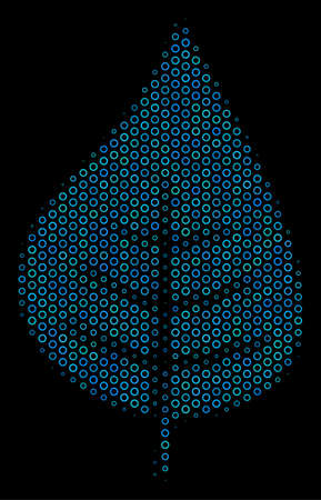 Halftone Plant leaf collage icon of spheres in blue color hues on a black background. Vector circle items are grouped into plant leaf collage.のイラスト素材