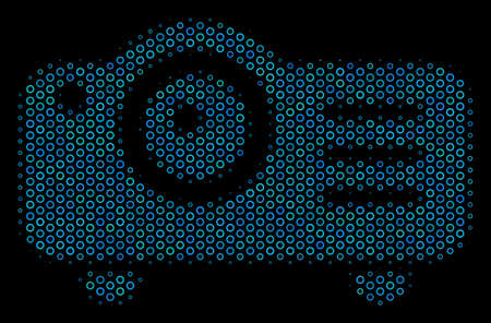 Halftone Projector collage icon of circle bubbles in blue color tints on a black background. Vector...