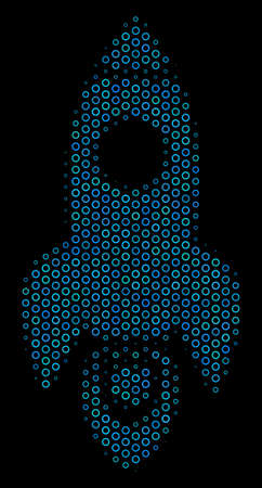 Halftone Space rocket mosaic icon of circle bubbles in blue shades on a black background. Vector circle bubbles are organized into space rocket mosaic.のイラスト素材