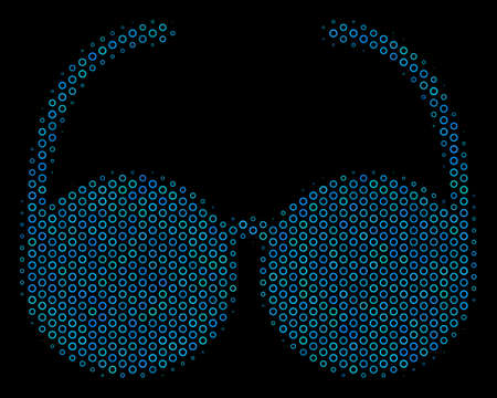 Halftone Spectacles collage icon of spheric bubbles in blue color tinges on a black background. Vector spheric points are grouped into spectacles collage.のイラスト素材