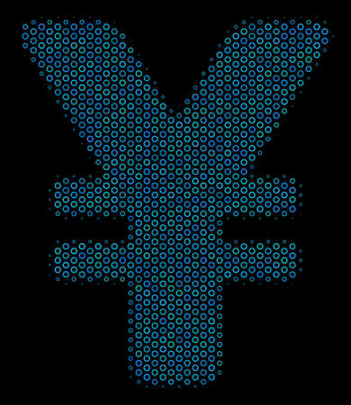 Halftone Yen mosaic icon of circle elements in blue color tints on a black background. Vector contour donuts are arranged into yen mosaic.のイラスト素材