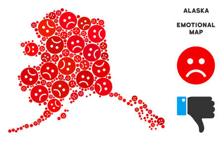 Emotional Alaska map composition of sad smileys in red colors. Negative mood vector template of depression regions. Alaska map is formed of red sad emotion symbols. Abstract area plan.のイラスト素材