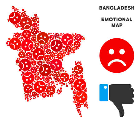 Sorrow Bangladesh map mosaic of sad emojis in red colors. Negative mood vector concept of crisis regions. Bangladesh map is shaped with red sorrow icons. Abstract geographic plan.のイラスト素材