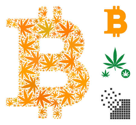 Bitcoin mosaic of marijuana leaves in various sizes and color tones. Vector flat hemp leaves are composed into Bitcoin composition. Herbal vector illustration.のイラスト素材