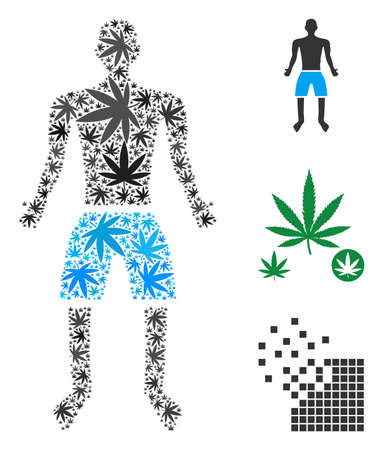 Boy collage of cannabis leaves in various sizes and color shades. Vector flat cannabis leaves are organized into boy collage. Addiction vector illustration.のイラスト素材