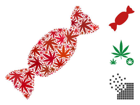 Candy mosaic of marijuana leaves in different sizes and color tones. Vector flat weed leaves are composed into candy collage. Addiction vector design concept.のイラスト素材