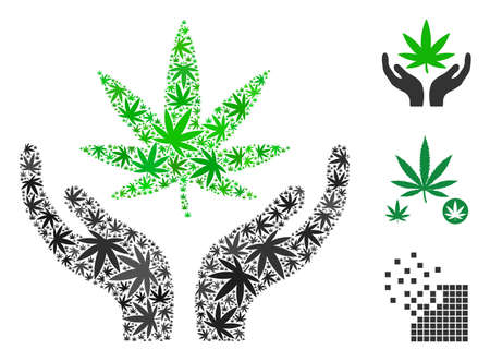 Cannabis care hands composition of cannabis leaves in different sizes and color shades. Vector flat grass leaves are grouped into cannabis care hands shape. Herbal vector design concept.のイラスト素材