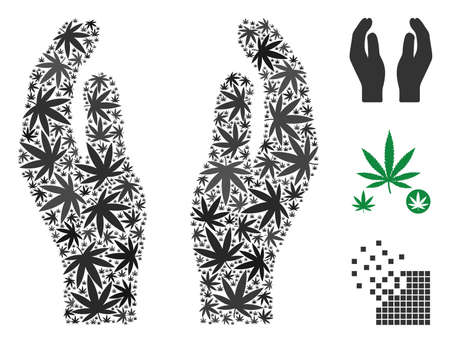 Care hands composition of marijuana leaves in variable sizes and color hues. Vector flat marijuana objects are organized into care hands composition. Addiction vector illustration.のイラスト素材