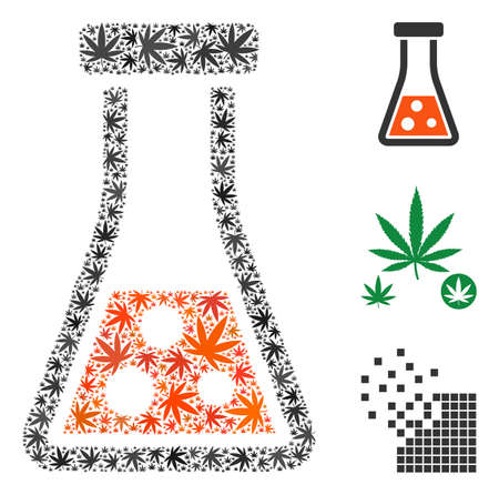 Chemistry collage of marijuana leaves in variable sizes and color hues. Vector flat marijuana leaves are grouped into chemistry composition. Drugs vector illustration.のイラスト素材