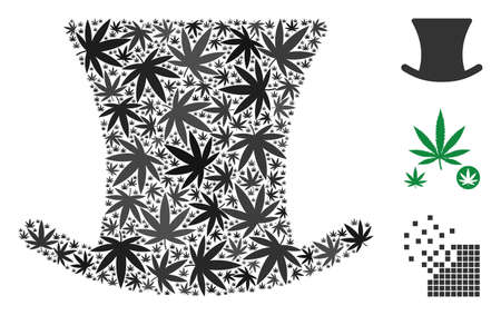 Gentleman hat collage of marijuana leaves in variable sizes and color variations. Vector flat cannabis leaves are combined into gentleman hat mosaic. Addiction vector illustration.のイラスト素材