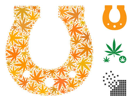 Horseshoe collage of cannabis leaves in various sizes and color shades. Vector flat weed leaves are grouped into horseshoe illustration. Herbal vector illustration.のイラスト素材