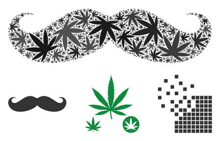 Gentleman moustache mosaic of cannabis leaves in various sizes and color tinges. Vector flat cannabis items are composed into gentleman moustache illustration. Narcotic vector illustration.のイラスト素材