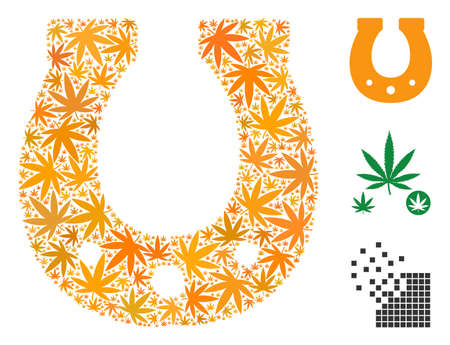 Lucky horseshoe mosaic of cannabis leaves in various sizes and color variations. Vector flat marijuana leaves are united into lucky horseshoe collage. Addiction vector design concept.のイラスト素材