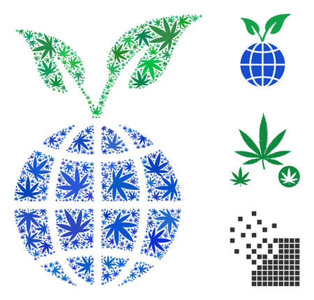 Global sprout collage of hemp leaves in various sizes and color variations. Vector flat marijuana leaves are organized into global sprout illustration. Drugs vector illustration.のイラスト素材