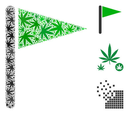 Triangle flag collage of cannabis leaves in different sizes and color tones. Vector flat cannabis symbols are organized into triangle flag illustration. Narcotic vector illustration.のイラスト素材