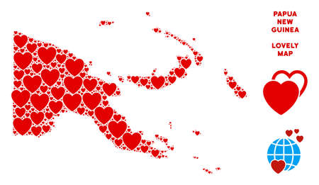 Valentine Papua New Guinea map collage of red hearts. We like Papua New Guinea map concept. Abstract vector area plan is composed from red valentine icons.のイラスト素材