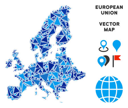 European Union map collage of blue triangle items in various sizes and shapes. Vector triangles are organized into geographic European Union map collage.のイラスト素材