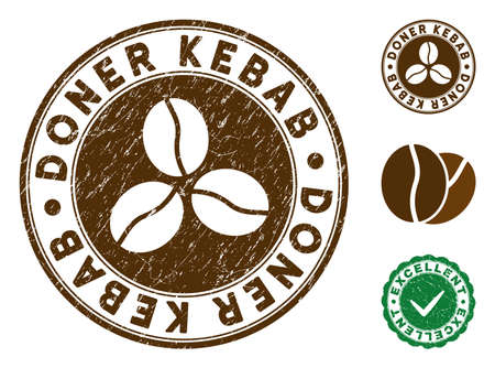Doner Kebab brown stamp. Vector seal watermark imitation with grunge style and coffee color. Round vector rubber seal stamp with grunge design of Doner Kebab text. Bonus excellent mark.のイラスト素材
