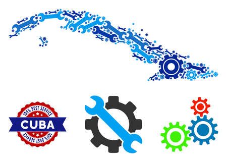 Repair service Cuba map composition of service tools. Abstract geographic scheme in blue colors and best service mark. Vector Cuba map is formed of gears and spanners. Concept of technical service.のイラスト素材
