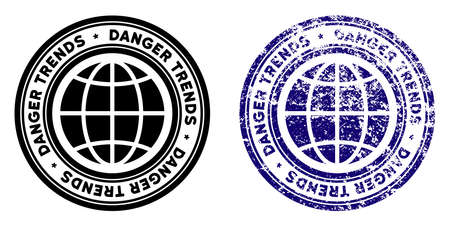 Global Danger Trends round stamp in grunge blue and clean black styles. Rubber seal stamp with grunge design of Global Danger Trends. Vector seal with grungy texture for rubber stamps imitations.のイラスト素材