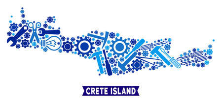 Service Crete Island map composition of cogwheels, wrenches, hammers and other hardware. Abstract geographic scheme in blue color tints. Vector Crete Island map is organized of tools.のイラスト素材