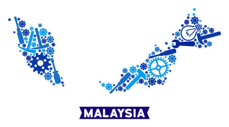 Industrial Malaysia map mosaic of wheels, wrenches, hammers and other tools. Abstract territorial plan in blue shades. Vector Malaysia map is created of tools. Concept of tuning job.のイラスト素材