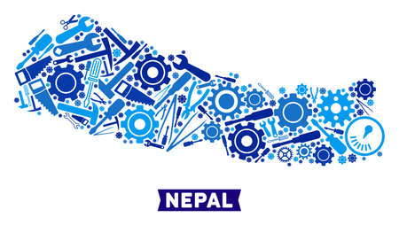 Instrument Nepal map composition of wheels, wrenches, hammers and other tools. Abstract territorial plan in blue color hues. Vector Nepal map is constructed of tools. Concept of industrial service.のイラスト素材