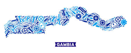 Service the Gambia map composition of cogwheels, wrenches, hammers and other tools. Abstract territorial scheme in blue color tones. Vector the Gambia map is constructed with tools.のイラスト素材