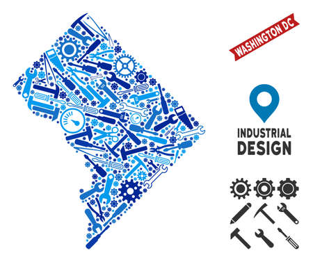 Service Washington DC map collage of gearwheels, spanners, hammers and other tools. Abstract territorial scheme in blue shades. Vector Washington DC map is composed of equipment items.のイラスト素材