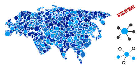 Web Europe and Asia map composition. Abstract geographic scheme of connections in blue color tinges. Vector Europe and Asia map is composed from net connections. Concept of hosting ditributor.のイラスト素材