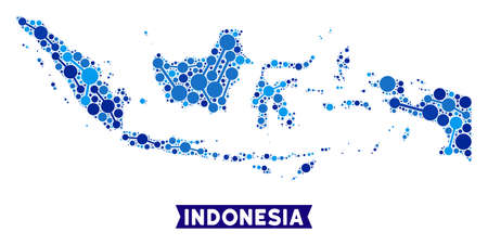 Network Indonesia map mosaic. Abstract geographic plan of connections in blue color tinges. Vector Indonesia map is created of network connections. Concept of hosting company.のイラスト素材