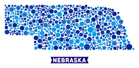Network Nebraska State map collage. Abstract territorial scheme of relations in blue color tones. Vector Nebraska State map is organized of network links. Concept of provider ditributor.のイラスト素材