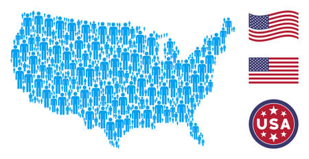 Man user pictograms are arranged into USA map abstraction. Vector concept of USA geographic map is combined of man user elements. Designed for political and patriotic agitprop.のイラスト素材