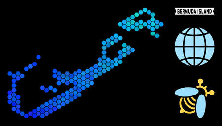Blue Hexagon Bermuda Island map. Geographic map in blue color tones on a black background. Vector concept of Bermuda Island map made of hexagon dots.のイラスト素材