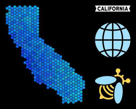 Blue Hexagon California map. Geographic map in blue color hues on a black background. Vector pattern of California map designed of hexagon items.のイラスト素材