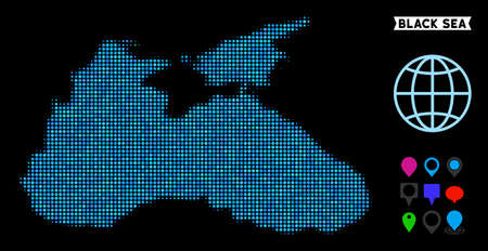 Bright pixelated halftone Black Sea map. Geographic map in bright color tones on a black background. Vector pattern of Black Sea map composed of circle pixels.のイラスト素材