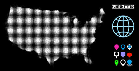 Bright dotted halftone USA map. Geographic map in bright color tints on a black background. Vector mosaic of USA map organized of circle elements.のイラスト素材