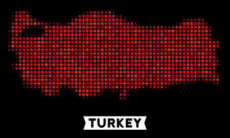 Bright pixelated halftone Turkey map. Geographic map in bright color tinges on a black background. Vector composition of Turkey map organized of spheric elements.のイラスト素材