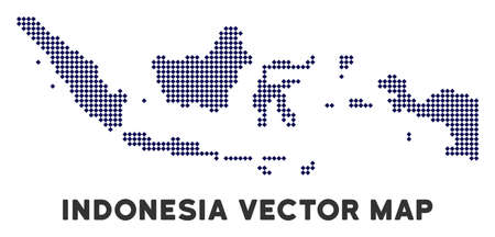 Dotted Indonesia map. Abstract territorial plan. Pixels have rhombic shape and dark blue color. Vector mosaic of Indonesia map organized of rhombic dot pattern.のイラスト素材