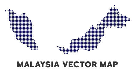 Dotted Malaysia map. Abstract geographic plan. Pixels have rhombus form and dark blue color. Vector mosaic of Malaysia map created of rhombus pixel pattern.のイラスト素材