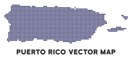 Dot Puerto Rico map. Abstract geographic map. Pixels have rhombus shape and dark blue color. Vector composition of Puerto Rico map composed from rhombus dot grid.のイラスト素材
