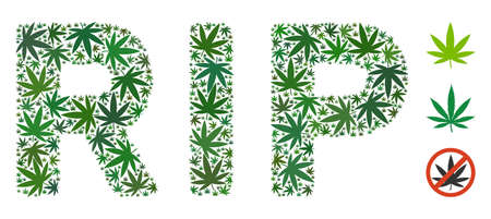 RIP label collage of weed leaves in various sizes and green tones. Vector flat marijuana icons are grouped into RIP label illustration. Addiction vector illustration.のイラスト素材