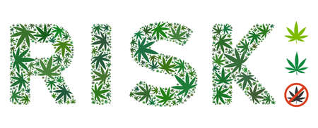 Risk caption collage of hemp leaves in different sizes and green tinges. Vector flat marijuana icons are organized into Risk caption collage. Addiction vector design concept.のイラスト素材