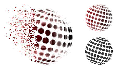 Vector abstract dotted sphere icon in sparkle, pixelated halftone and undamaged entire variants. Disappearing effect involves square particles and horizontal gradient from red to black.のイラスト素材