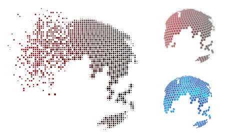 Vector hexagon earth abstract globe icon in dispersed, dotted halftone and undamaged whole versions. Disappearing effect uses rectangle particles and horizontal gradient from red to black.のイラスト素材