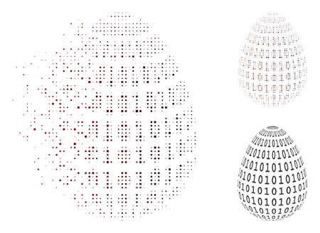 Vector binary digital abstract egg icon in sparkle, dotted halftone and undamaged whole versions. Disintegration effect involves rectangular particles and horizontal gradient from red to black.のイラスト素材