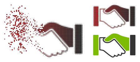 Vector acquisition handshake icon in dissolved, dotted halftone and undamaged solid versions. Disappearing effect involves rectangle scintillas and horizontal gradient from red to black.のイラスト素材