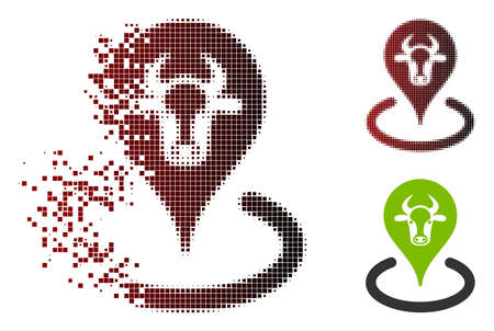 Vector cattle location icon in sparkle, pixelated halftone and undamaged whole versions. Disappearing effect uses rectangle sparks and horizontal gradient from red to black.のイラスト素材