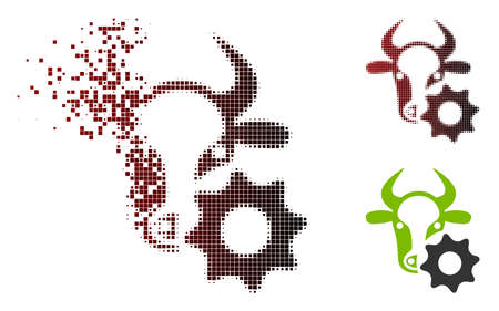 Vector cow options gear icon in fractured, dotted halftone and undamaged whole versions. Disintegration effect involves rectangular dots and horizontal gradient from red to black.のイラスト素材